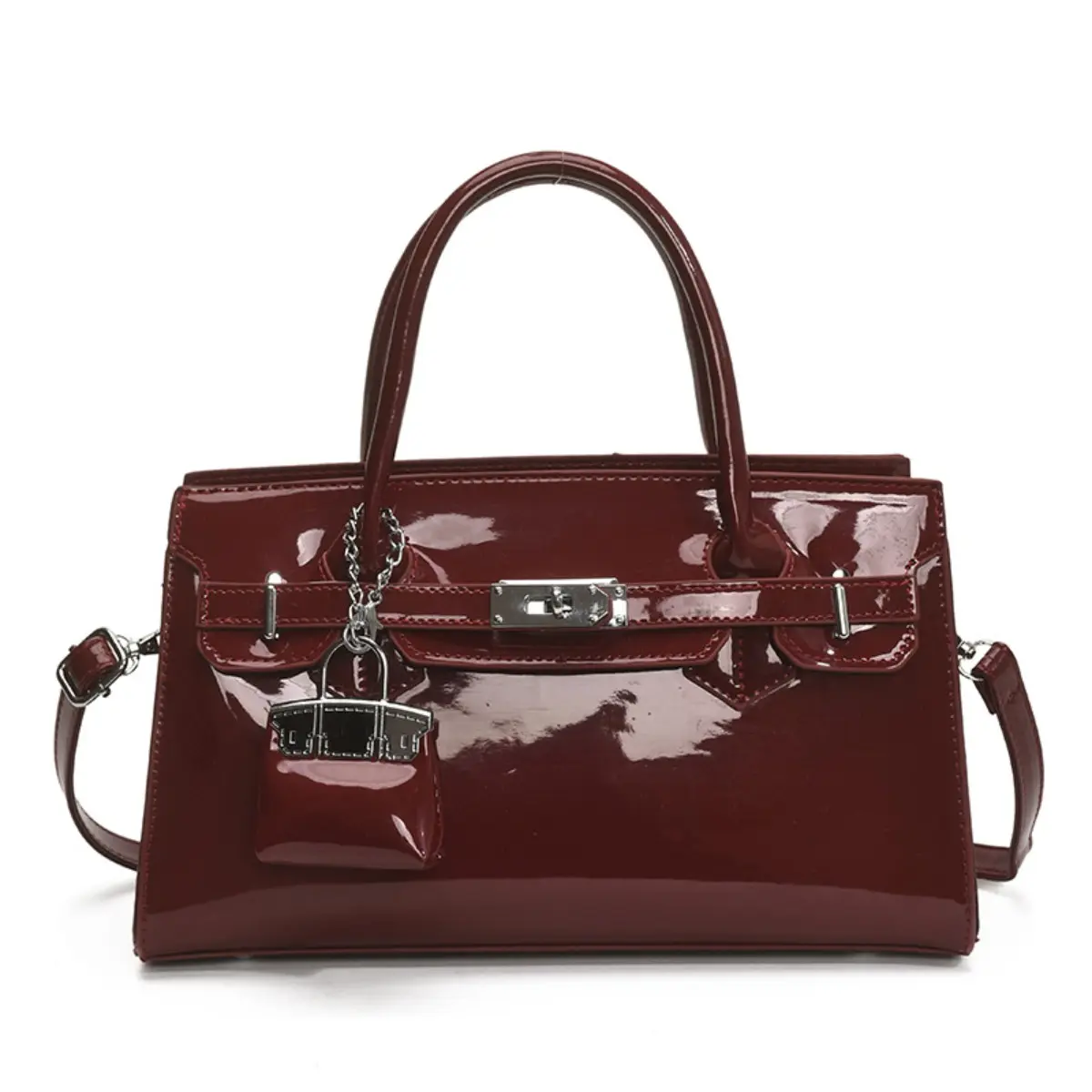 Women’s Glossy Patent‑Finish Top‑Handle Handbag, Silver Lock Accent Crossbody Purse with Mini Bag Charm