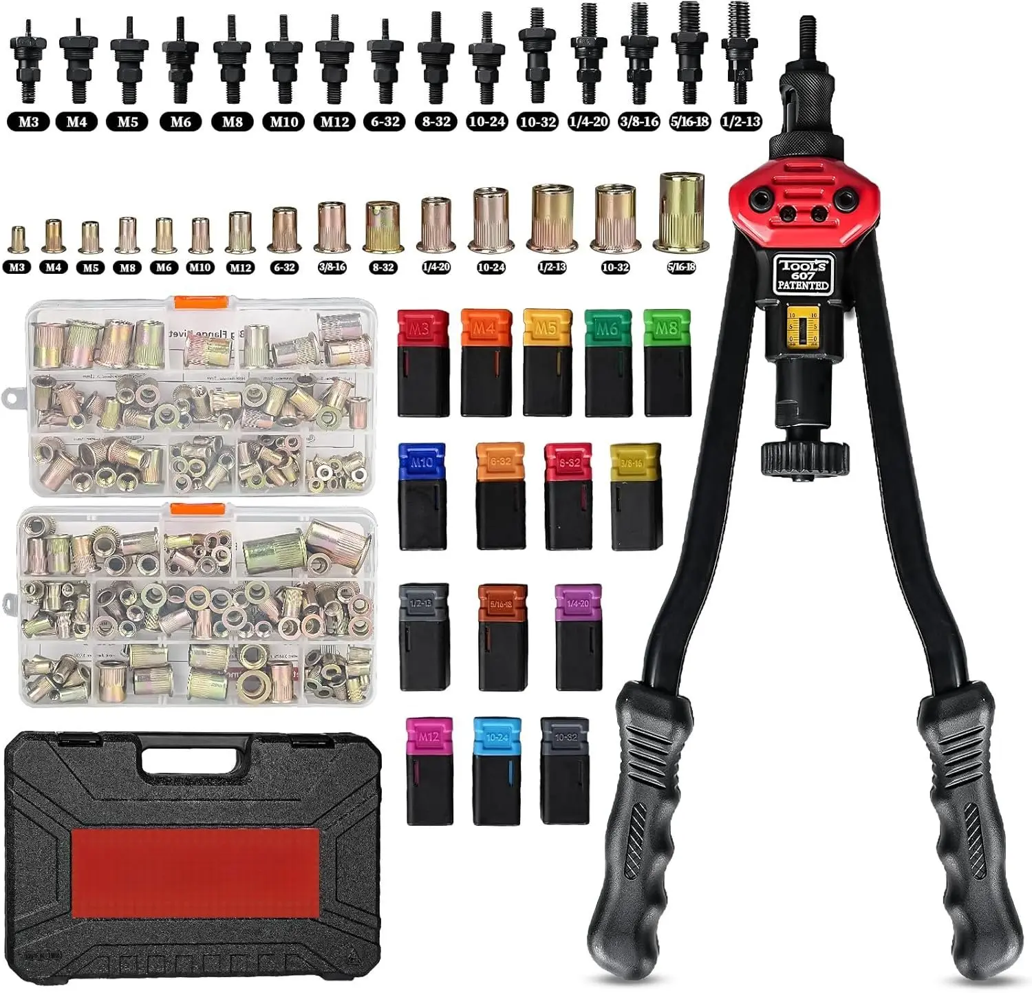 Rivet Nut Tool Kit, 16-Inch Rivnut Tool with 15 Metric & SAE Mandrels and Rivet Nut , 200 count Rivnut Tool Kit Assortment, Nutsert Tool Kit with Carrying Case