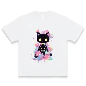 Pastel Rainbow Black Cat Kitten Graphic Women's Cute Kawaii Cotton Tee For Cat Lovers & Daily Streetwear