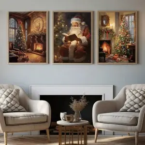 3pcs Set Wooden Frame Rustic Christmas Tree Canvas Art, Cozy Fireplace Pine Tree Santa Painting, Bedroom Living Room Wall Decor Hanging Paintings