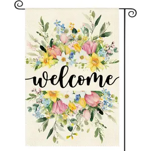 1Pc Welcome to Spring Flowers Garden Flag 12x18-inch Double-sided Polyester Outdoor Yard Flag with Flower and Cat Watercolor Print, Versatile Holiday Decoration Garden Accessories