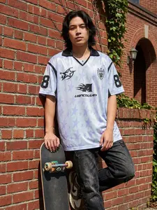 Men's Y2K Vancouver 8 Number Football Jersey, Vintage Street Style, 90s Hip Hop Graphic, Loose V Neck Polo, Casual Summer Sportswear