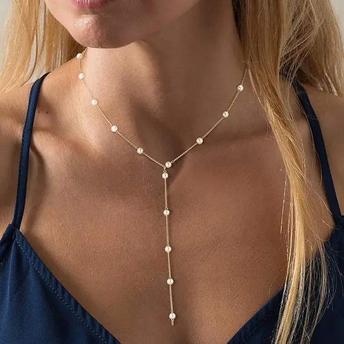 Pearl Pendant Necklace for Women, Boho Y-Lariat Shape with Solid Faux Pearl on 60cm Gold Aesthetic Copper Chain, Light Luxury Stylish Accessories for Holiday Wear, Fashionable Statement