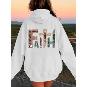 Women's Letter & Cross Print Drop Shoulder Hoodie, Fashion Casual Drawstring Pocket Hooded Sweatshirt for Daily Holiday Outdoor Wear, Women Clothing for Fall & Winter