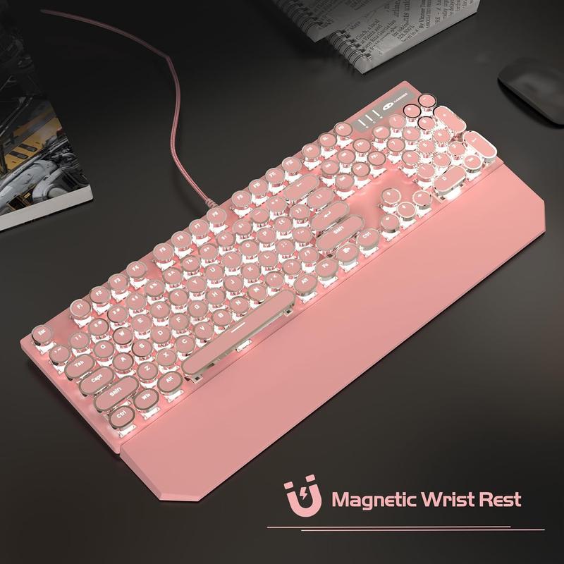 Typewriter Mechanical Gaming Keyboard, Retro Pink Punk Round Keycaps LED White Backlit Wired Keyboards with Detachable Wrist Rest for  and Office, for Windows Laptop PC  - Blue Switches