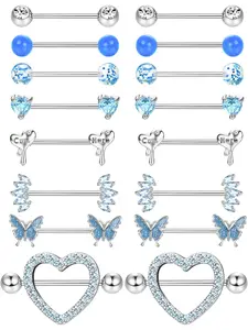 8 Pairs 14G Nipple Bars Steel Nipple Piercing Set Sparkling Zircon Inlay CZ Butterfly Nipple Rings Barbell Rings Ball Heart Nipple Bar Tongue Bar Nipple Piercing Jewellery Body Piercing for Women