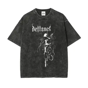 Men's Cotton Menswear Oversized Short-Sleeve T-Shirt - Unisex Round Neck, Stretch Vintage Washed Fabric, Casual Fit, Deftones Retro Heavy Metal Rock Band Graphic Everyday Top
