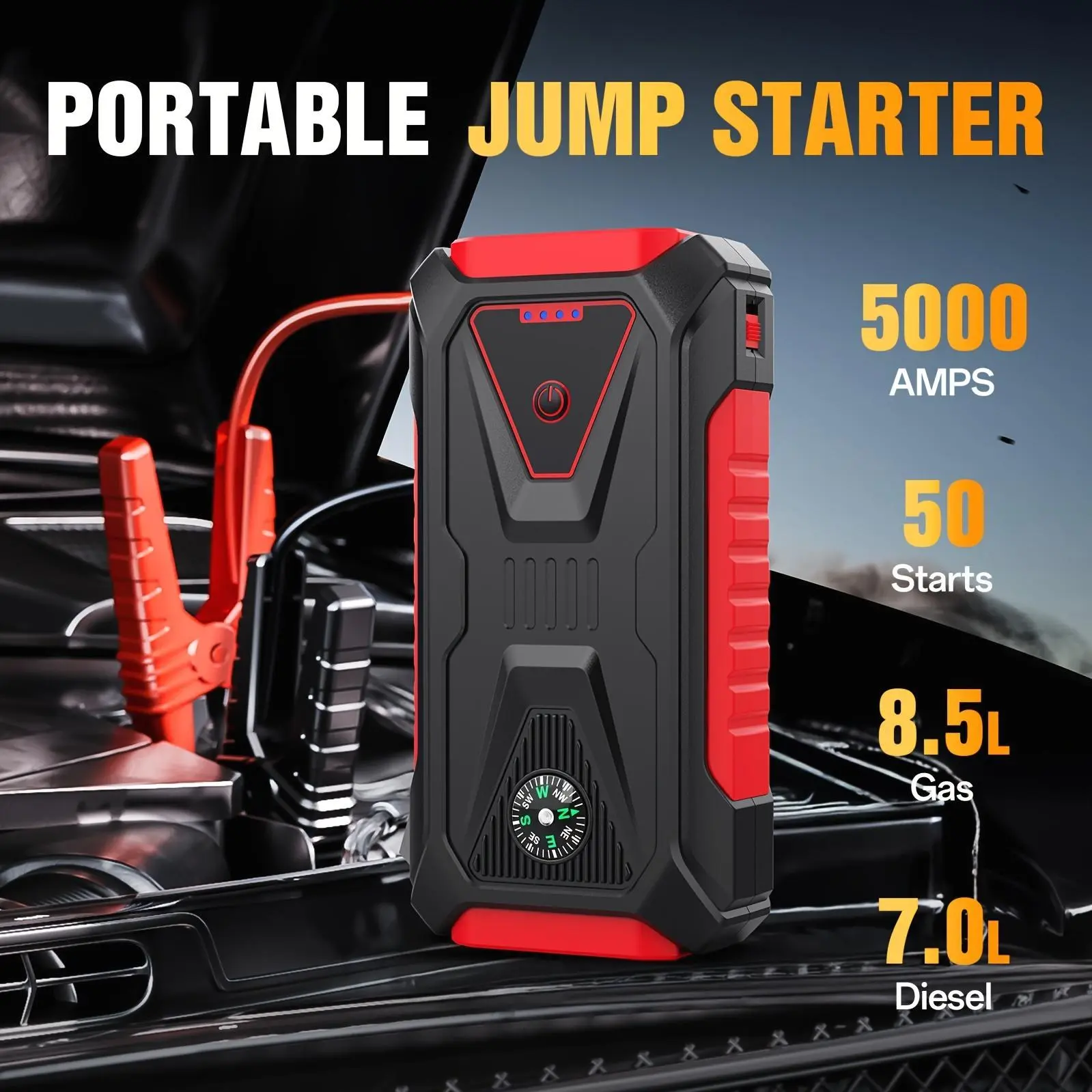 12V Portable Battery Starter | 5000A Peak Jump Starter for 2.64gal Gasoline and 2.11gal Diesel Engines, LED Flashlight, SOS Warning Lights, Emergency Power Supply with Safety Hammer and Compass, USB Dual Use, Rechargeable Lithium Polymer Battery, For RV
