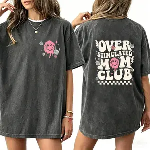 Women’s Cotton Graphic Tee Overstimulated Mom Club Cool Mom Print Shirt Casual Streetwear Soft Breathable Short Sleeve Crewneck Loose Fit Everyday Wear Relaxed Fit Mom Life Gift Top