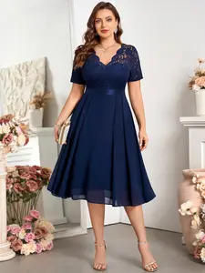 【Plus Size】Missmay YP34019A Women's Plus Size Elegant V-Neck Floral Lace Contrast Chiffon Ruffle Prom Party Dress