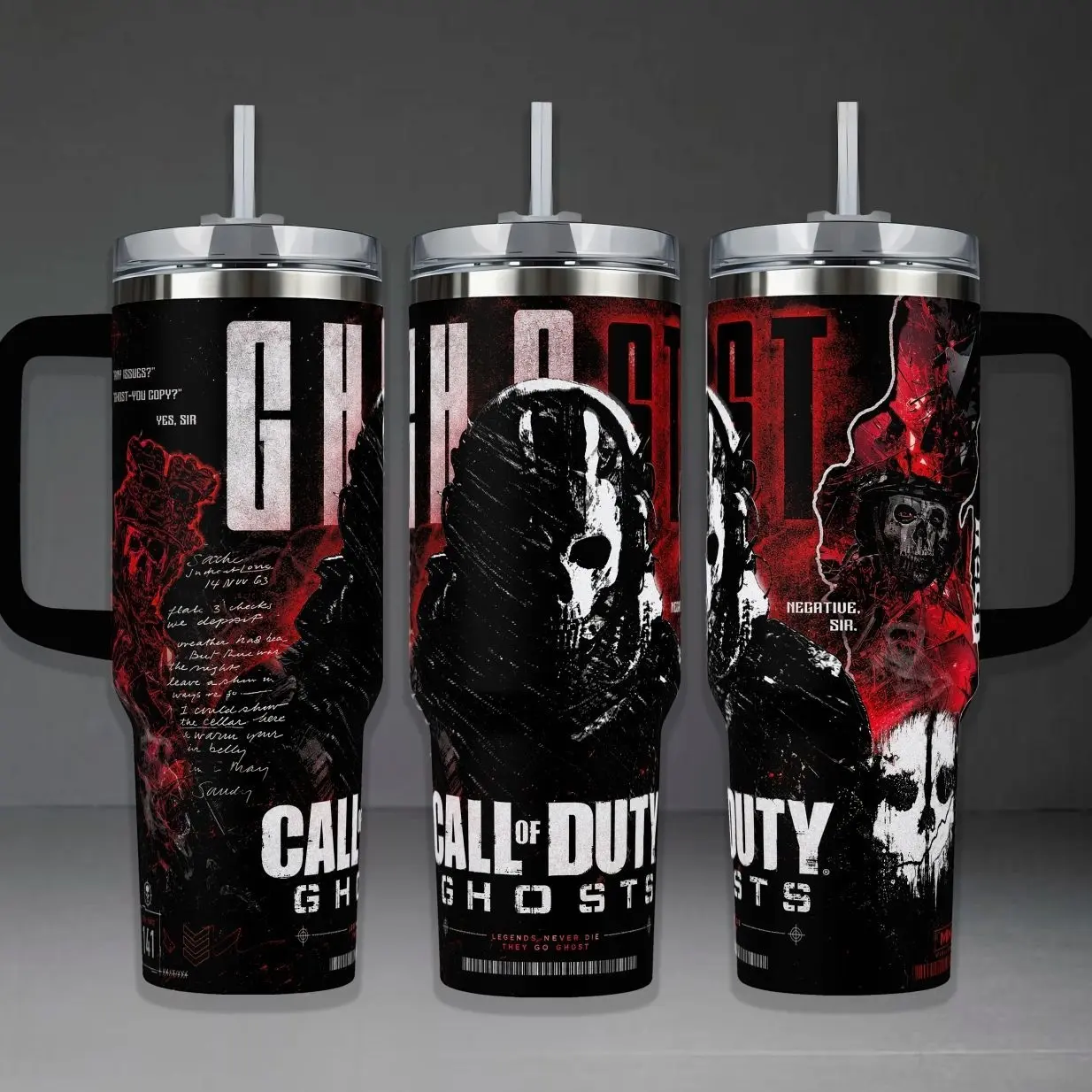 Call Of Duty Ghosts Tumbler, Gaming FPS 40oz Cup with Handle & 20oz Travel Mug. Gamer Fan Gift, COD Simon Riley Inspired Insulated Tumbler Featuring "Legends Never Die, They Go Ghost" & Tactical Red/Black Aesthetic Graphic Design.