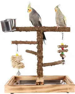 Colourtree Natural Wood Parrot Stand Bird Perch with Removable Tray & Feeder Cups for Parakeets Canaries Cockatiels Conure Lovebirds Large Playstand