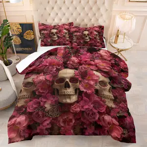 Dark Gothic Skull Art Quilt Set (2-3 Pcs): Includes 1 Quilt with Filling + 1/2 Pillowcases (no Filler), Featuring Rose Skulls, Colorful Sugar Skulls, Santa-hat Skulls. Comforter Set for Bedrooms, Gothic-style Spaces, Decorative Bedding Set