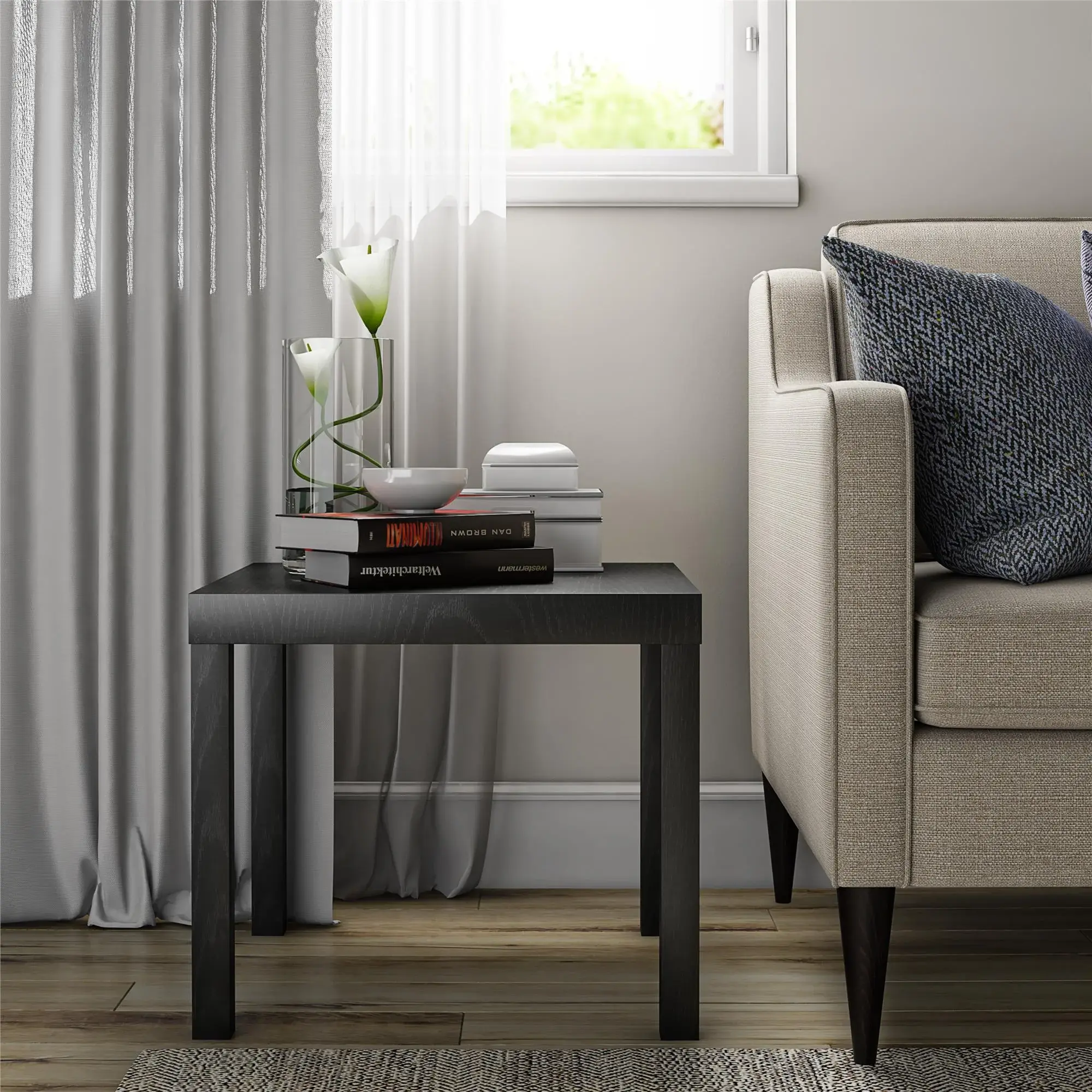 Modern Parsons End Table Sleek Black Oak Look Contemporary Design for Living Room Decor Timeless Elegant Appearance