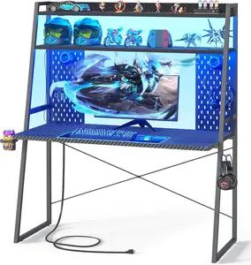 Small Gaming Desk with Hutch and LED Lights, Gaming Computer Desk with Power Outlets, Gamer Desk with Storage Shelves,  Desks with Pegboards for Bedroom Small Spaces, Black, 43"