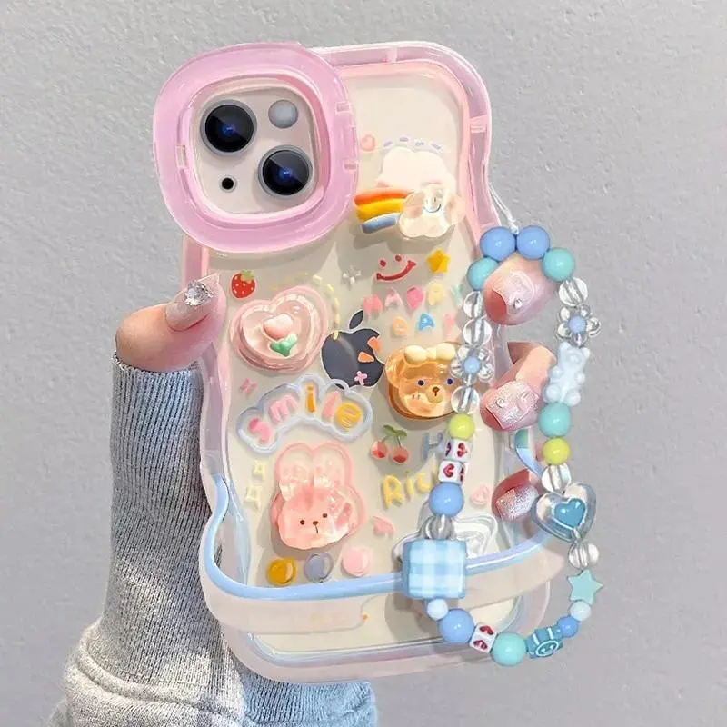 Bead Bracelet Chain Phone Case with 3D Rainbow Bracket Stand - Protective Accessories for iPhone 11-17, 13, XS, XR, Pro, Max, Plus Models