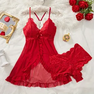 Set of Ladies Comfortable Home Sleep Dress, Lace Splicing Lace V-Neck Bow See-Through Design, Cute Home Sleepwear Dating Private Room Camisole Dress-Piece Set