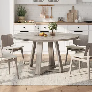 Round Dining Table for 4-6 People, 47" Dining Room Table with Wooden Cross Pedestal Base, Circle Dinner Table, Modern Kitchen Table for Living Room(Grey)