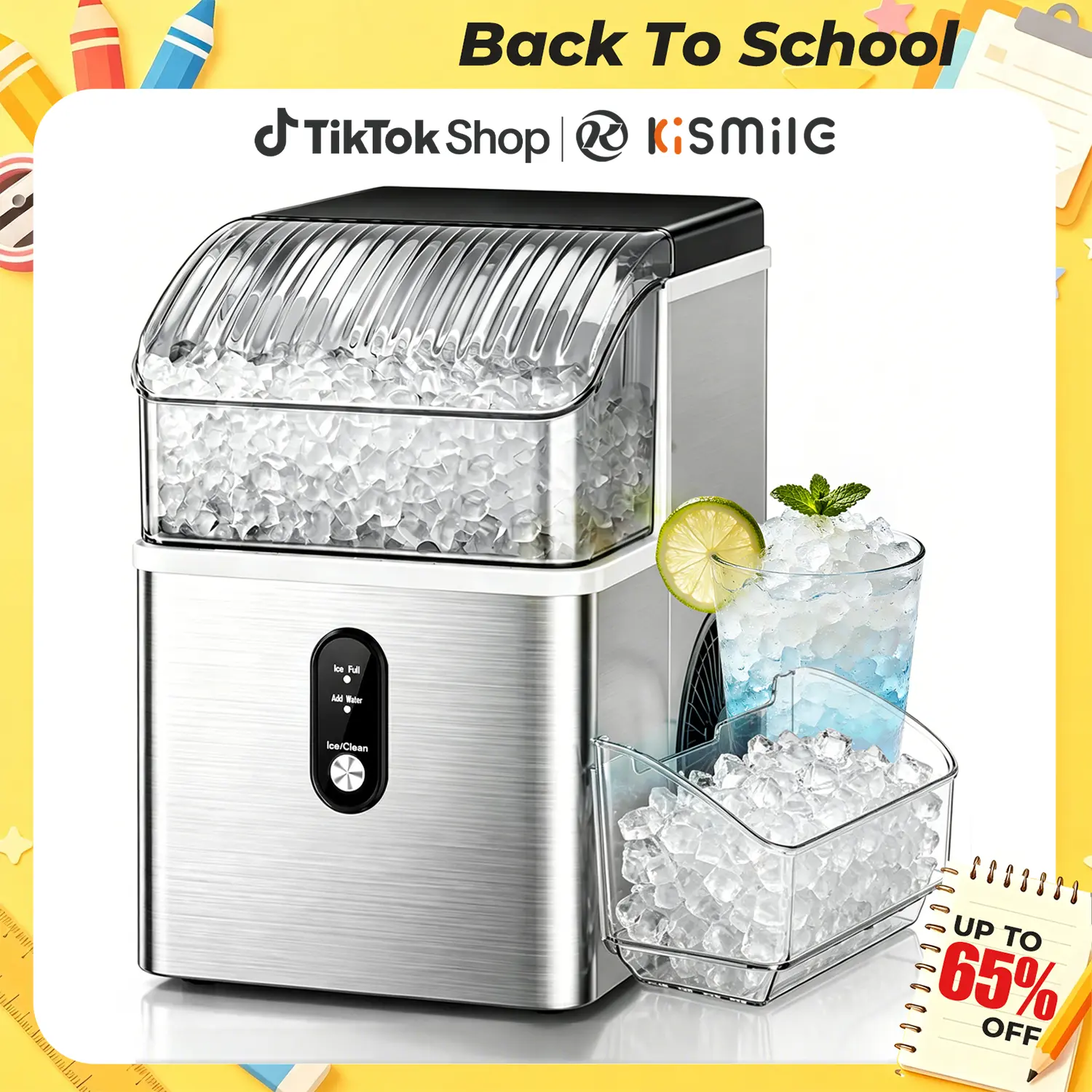 Kismile Countertop Nugget Ice Maker Machine, Portable Unit with Ice Machine Cleaner, 35Lbs/24H Production, 7-Mins Quick Making, Self-Cleaning, 1-Click Operation for Home Kitchen, Office, 35 Pounds/24H,home essentials