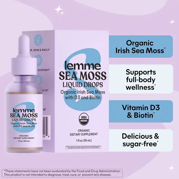 Lemme Irish Sea Moss Organic Liquid Drops with Vitamin D3 and Biotin for Trace Mineral Support, Immunity, Hair, Skin & Nails, Brain Health - Gluten & Sugar Free, Non GMO, 1 oz, 30 Servings
