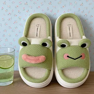 Women's Kawaii Frog - Face Linen Slippers | Cozy Breathable Home Footwear