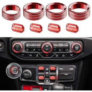 8PCS Metal Button Knob Cover For Jeep Wrangler JL,JLU 2018-2025 & Gladiator JT Accessories. Window Switch Button Cover, Volume Radio, Air Conditioner, Headlight Switch Knob Cover (Red)