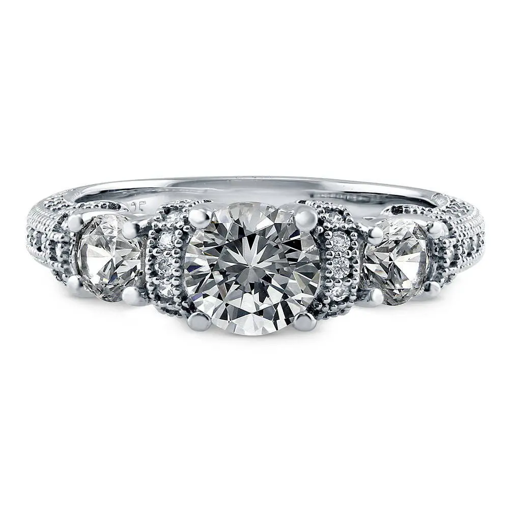 BERRICLE Sterling Silver 3-Stone Art Deco Milgrain Engagement Promise Rings for Her, 0.8 Carat Round Cut Cubic Zirconia CZ Ring