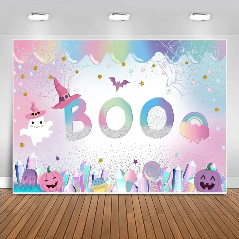 1pc Modern Patterned Halloween Flat Boo Hangable Backdrop Banner - Pastel Pink,Blue,Purple,Golden,White,Black - Spooky Print Ghosts,Pumpkins,Bats,Webs - Durable Polyester - No Electricity Needed - Easy To Hang - Indoor/Outdoor Decoration