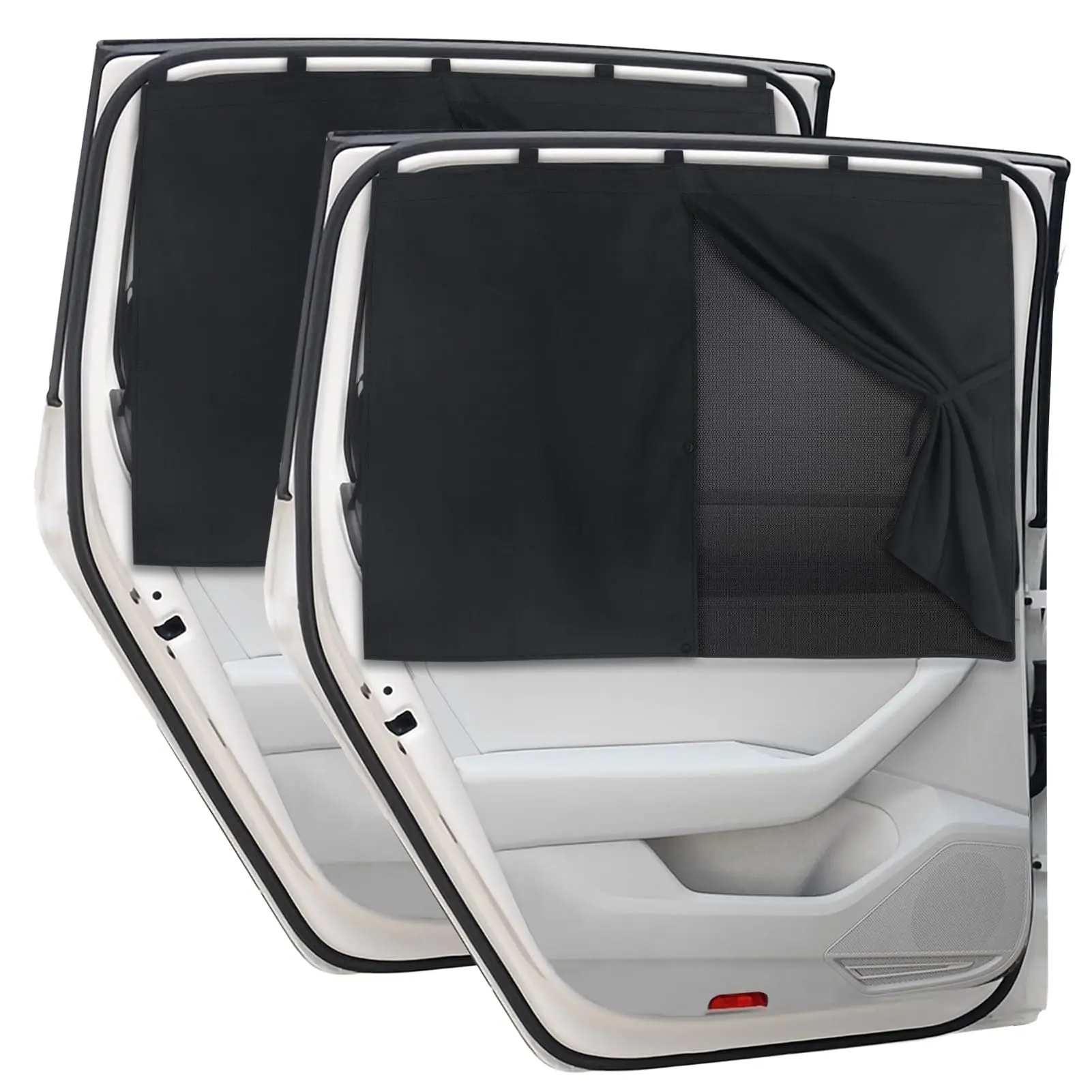 Magnetic Car Window Shades, featuring two layers of mesh and blackout fabric, with a tassel design suitable for side and rear windows—UV-blocking privacy shades