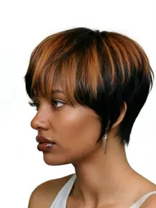 pixie cut human hair wigs short straight human hair wig machine made for women daily party cosplay gift use Party holidays gift wig pixie cut wig ﻿brown burgundy natural black color Soft Human Hair