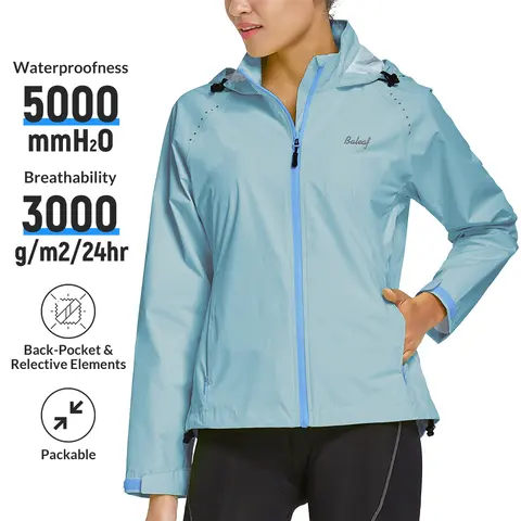 baleaf Women's Rain Jackets Waterproof Windbreaker Windproof Lightweight Cycling Jackets Reflective Packable Hooded Sporty Breathable Outerwear Athletic Techwear
