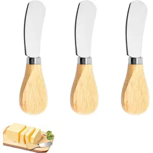 Cheese Spreader Knives Set of 3, Stainless Steel with Wooden Handle for Soft Cheese, Cold Butter, Charcuterie, Jam, Pastry, Bagel, Toast, Appetizers and Party Serving