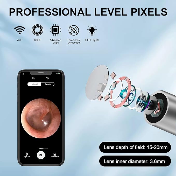 Ear Wax Removal,Ear Cleaner with HD Ear Camera,Wireless Ear Otoscope Earwax Remover Kit with 5 Ear Pick & 6 LED Lights,1080P Ear Camera with 6LED Light for Ear/Nose Examination,Ear Cleaning Tool for iOS & Android