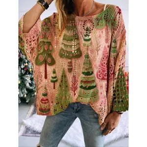 Women's Christmas Knit Hollow Out Sweater, Fall Winter Round Neck Batwing Sleeve Tree Print Long Sleeve Top, Holiday Party Casual Wear