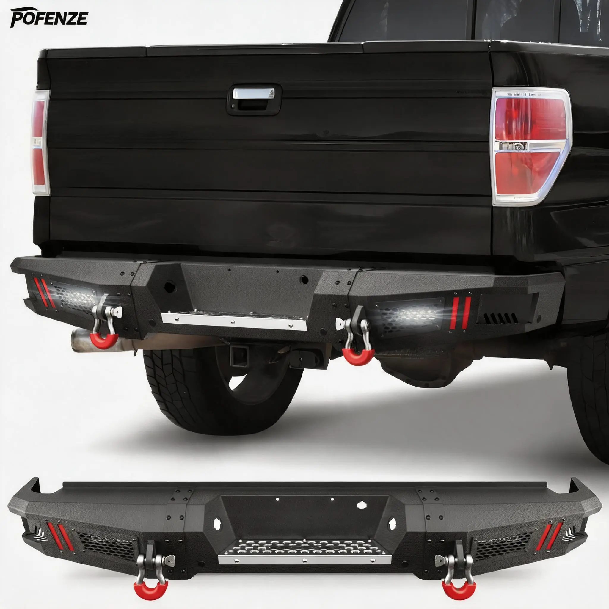 POFENZE Rear Bumper Fit for Ford F-150 2009-2014 | Textured Black Pickup Truck F150 Bumper with Stainless Steel Step Plate, Lights, Sensor Holes and D-ring (Excluding Raptor)