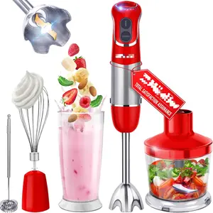 800W 5-in-1 Immersion Blender Handheld, 12 Speed Hand Mixer - Turbo Boost, Heaviest Duty Copper Motor, Titanium Blades Hand Blender, Milk Frother Wand, Red Kitchen Accessories