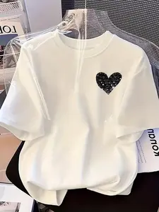2026 Trendy New Top with Black Heart Print, Stylish And Minimalist Cartoon Heart Pattern Printed T-Shirt, Perfect for Valentine'S Day Gift, Casual And Comfortable White Short-Sleeve T-Shirt Suitable for Everyday Wear