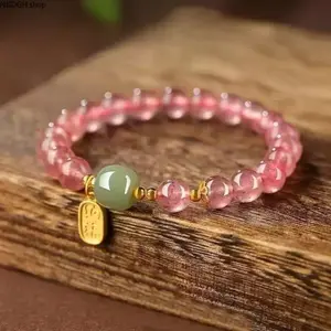 Strawberry Quartz Beaded Bracelet with Jade Accent & “Good Luck” Charm, Dainty Gold Spacers, Perfect for Love Manifestation, Everyday Wear & Gifting Positive Vibes