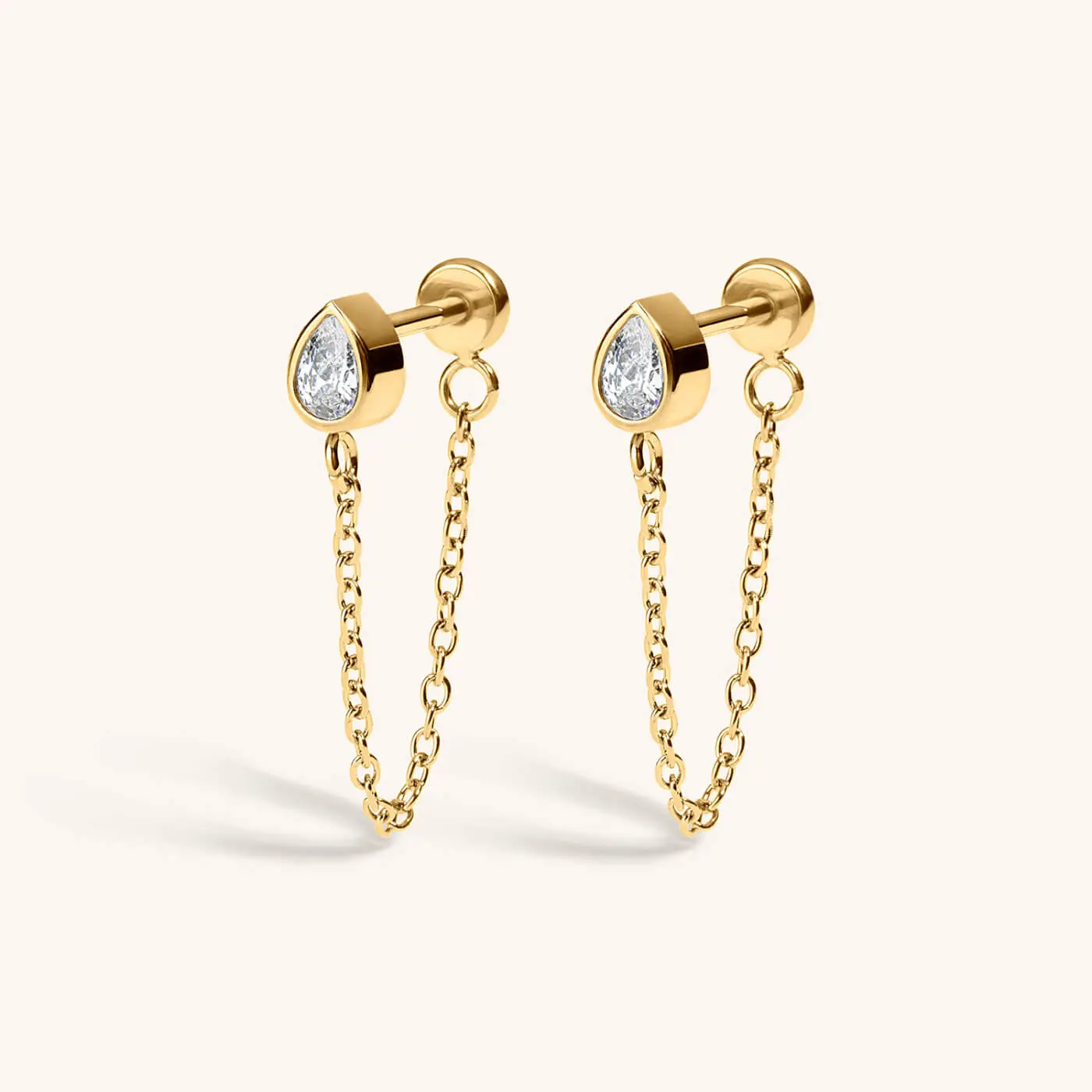 Women's Bezel-Set Pear Cut Gem Drop Earrings, 20g Titanium Post Chain Link Costume Jewelry