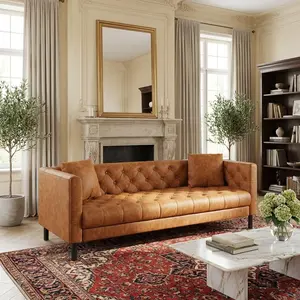 Garvee Mid Century Modern 81 Inch Leather Sofa, Chesterfield Style 3 Seat Couch with Deep 26" Seats, Button Tufted Upholstery, Includes 2 Pillows, Orange, Ideal for Living Room, Apartment, or Office