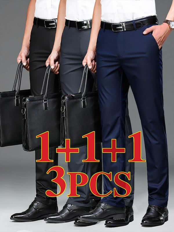 Men's New Loose Straight Leg Elastic Plain Business Pants, All Seasons, Anti-Wrinkle Comfortable Casual Workwear, Casual Fashion Trousers, 3 Piece Set
