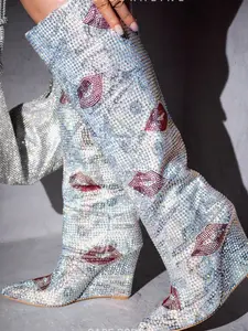 Coraline Rhinestone-Coated Thigh High Boots - Print