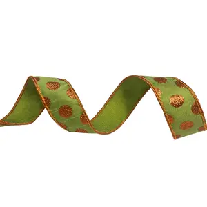 Green Ribbon with Orange Glitter Dots 1.5'' X10 YD Ribbon | IR
