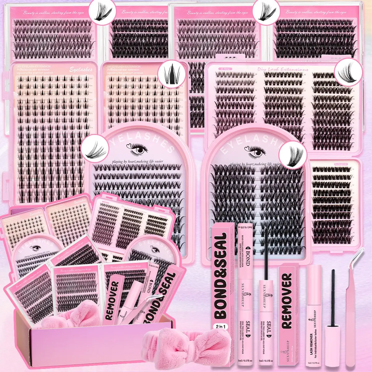 7-Style Volume D-Curl Individual Lash Clusters Kit 30D-100D & Manga Styles - False Lash Extension Cosmetic Lash Extensions Eyelash Extensions Kit with Lash Bond & Seal, Tweezers, Remover&Hairband - Easy DIY At-Home Eyelash Set Eyelashes Extensions Kit