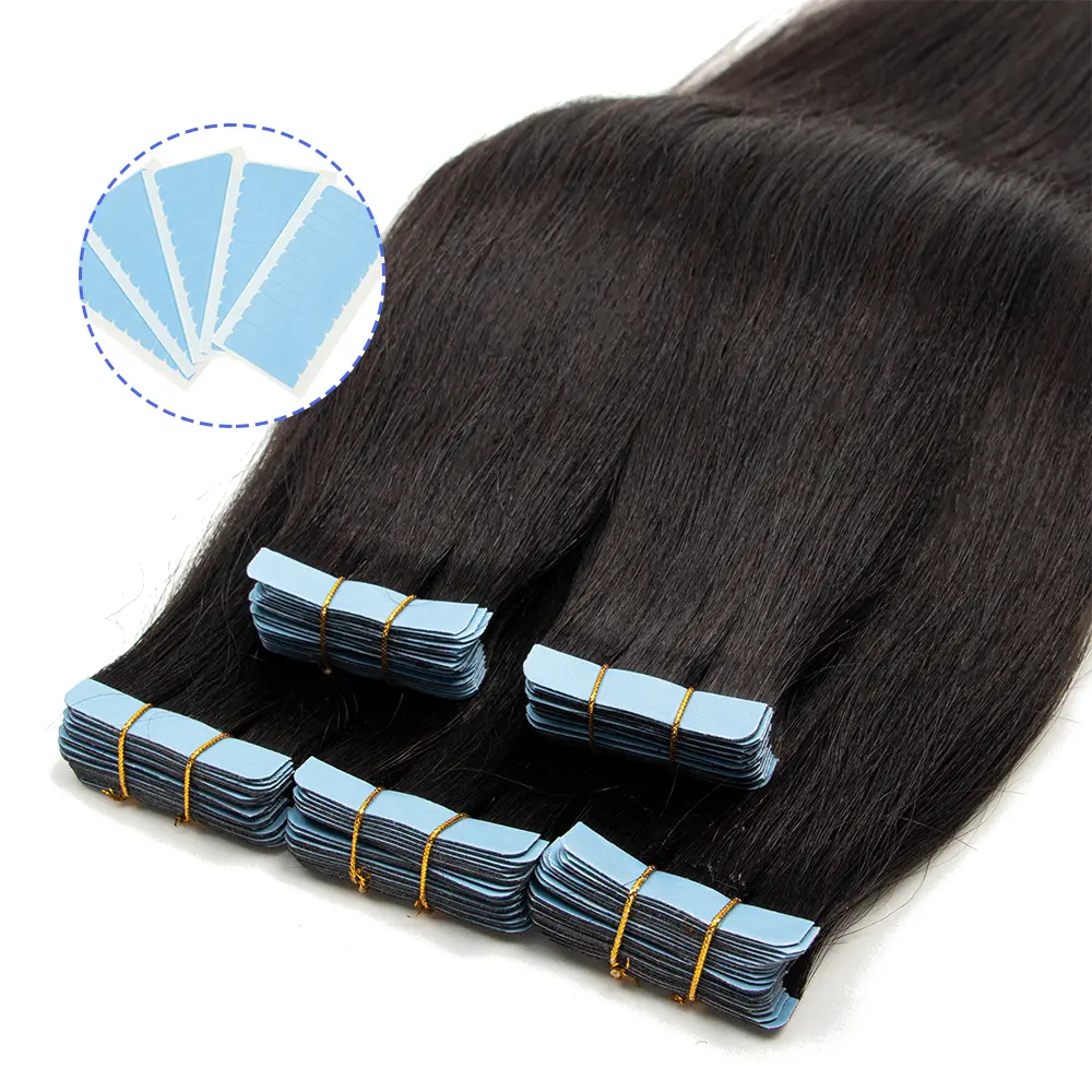 Seamless Tape-In Hair Weft Extensions for Women, Light Yaki Straight 100% Remy Human Hair, Reusable, 16-22 Inch, 20 Pieces, Remy Hair