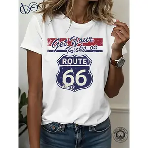 Lady Women's Vintage Route 66 Graphic T-Shirt - Streetwear Distressed Road Trip Print Round Neck Grey Casual Short Sleeve Top, Retro American Highway Travel-Inspired Comfortable Everyday Apparel