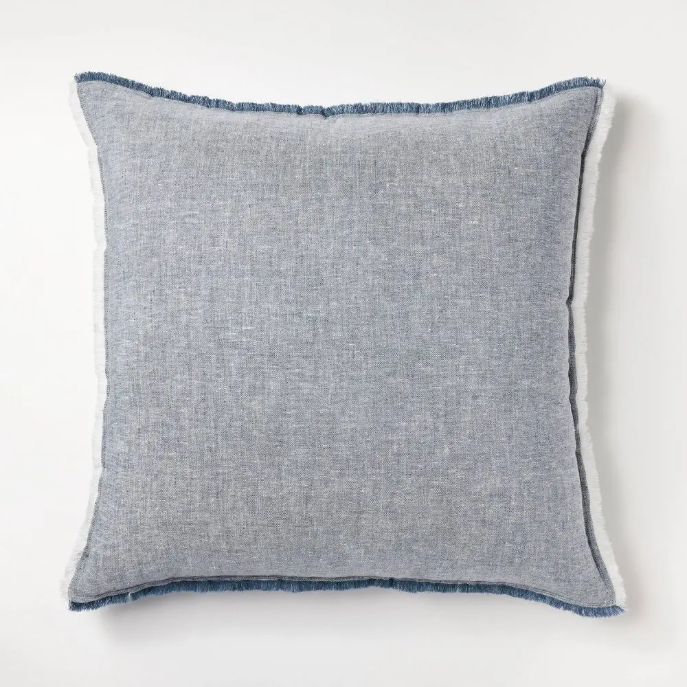 Oversized Reversible Linen Square Throw Pillow with Frayed Edges Blue - Threshold designed with Studio McGee: Indoor Comfort Zipper Closure