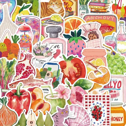 Food Pattern Sticker, 50pcs/set Waterproof Self Adhesive Decor Paper, Decor Sticker for Gift Greeting Card Water Bottle Laptop Phone, Cases, Decorative Sticker