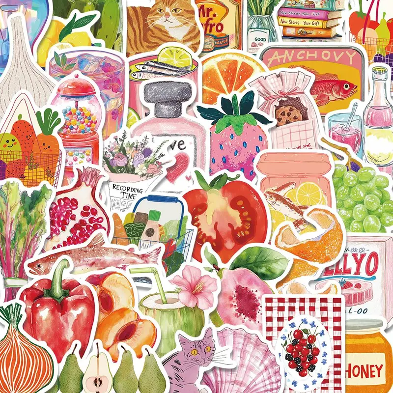 Food Pattern Sticker, 50pcs/set Waterproof Self Adhesive Decor Paper, Decor Sticker for Gift Greeting Card Water Bottle Laptop Phone, Cases, Decorative Sticker