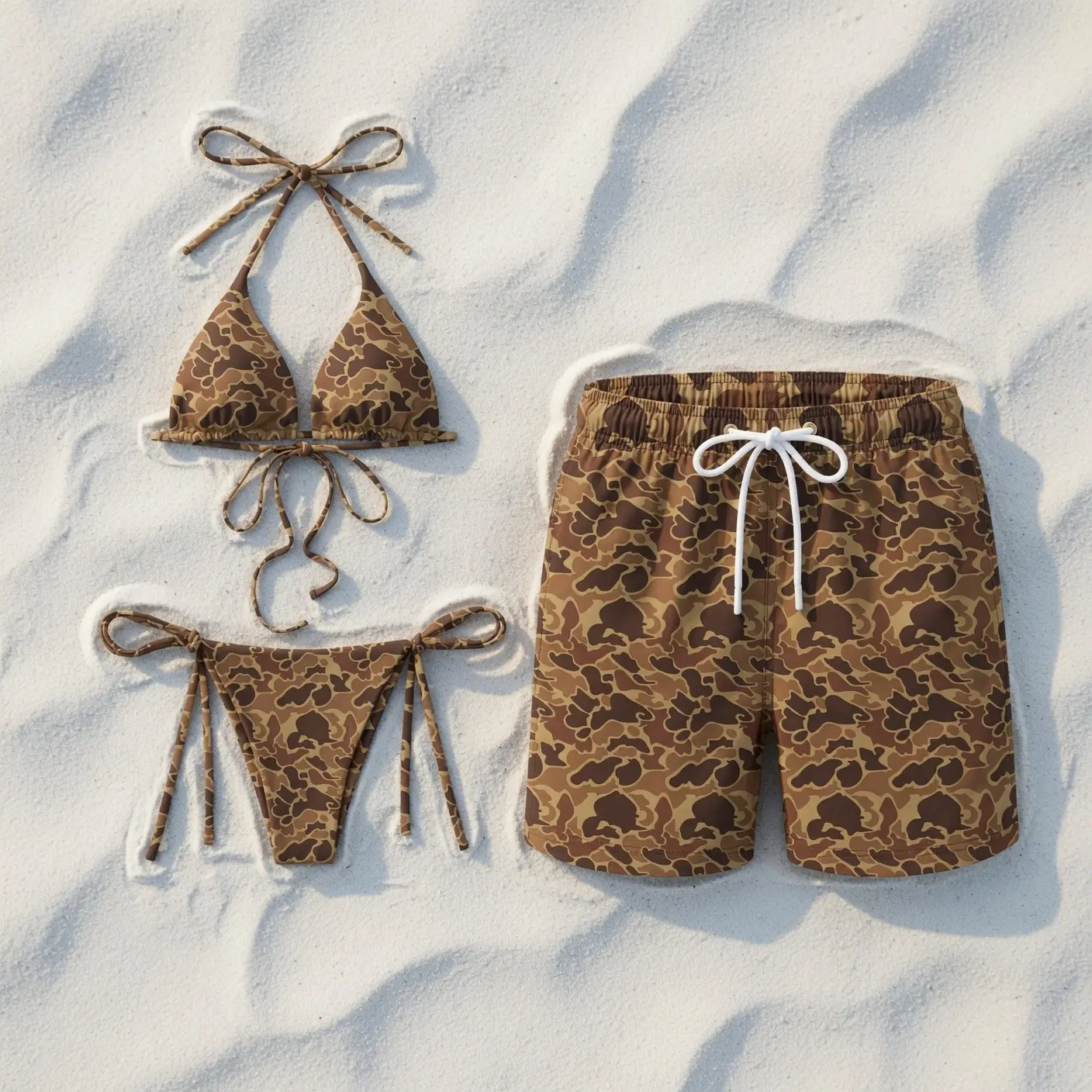Brown Duck Camo Matching Couple Swimwear Set, String Bikini and Hawaiian Shorts, His and Hers Beach Vacation Outfit, Summer Pool Gift
